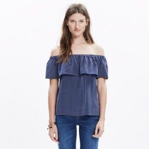 Madewell Silk off the shoulder navy blue top